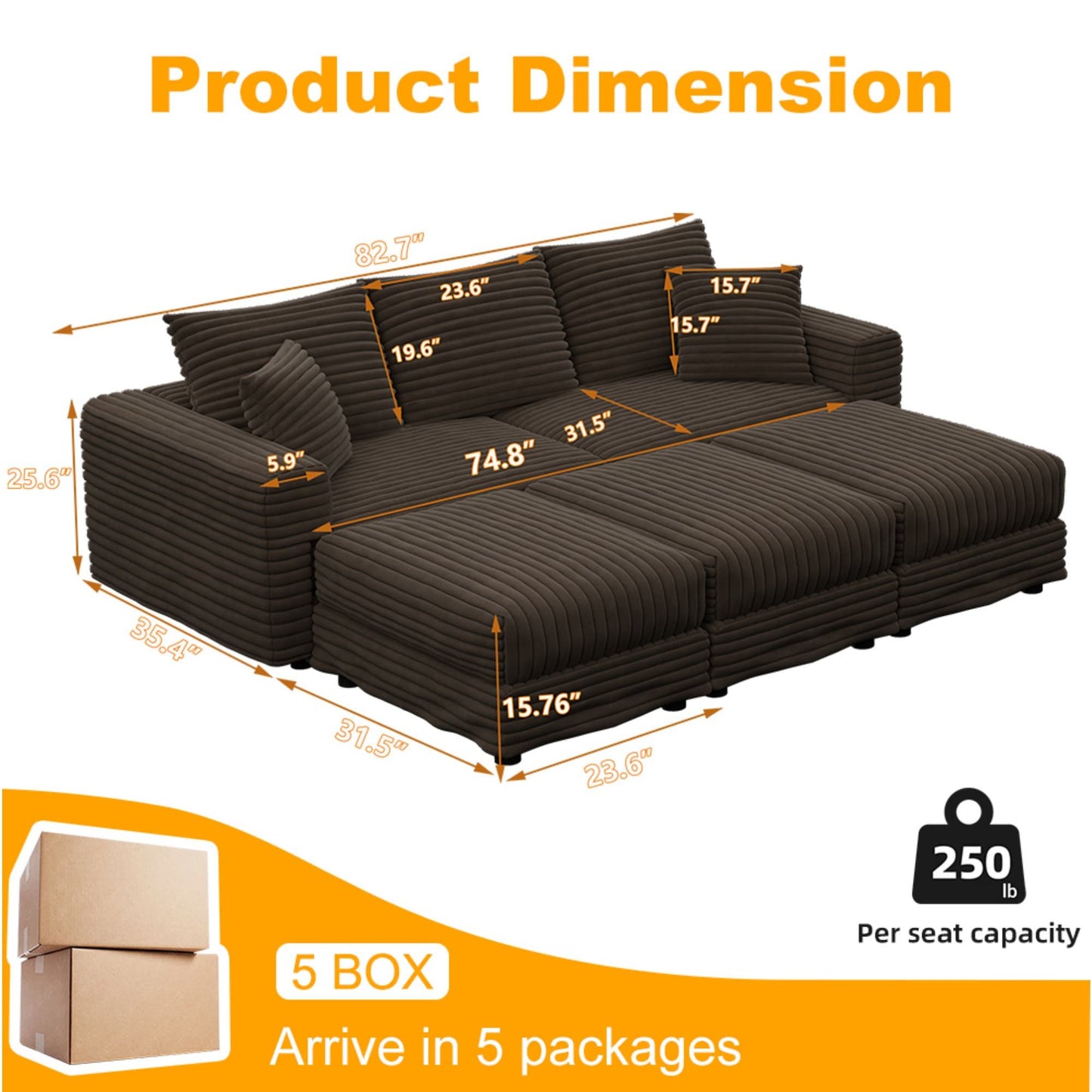 Deep Seat Convertible Sofa With Soft Pillows And Ottomans