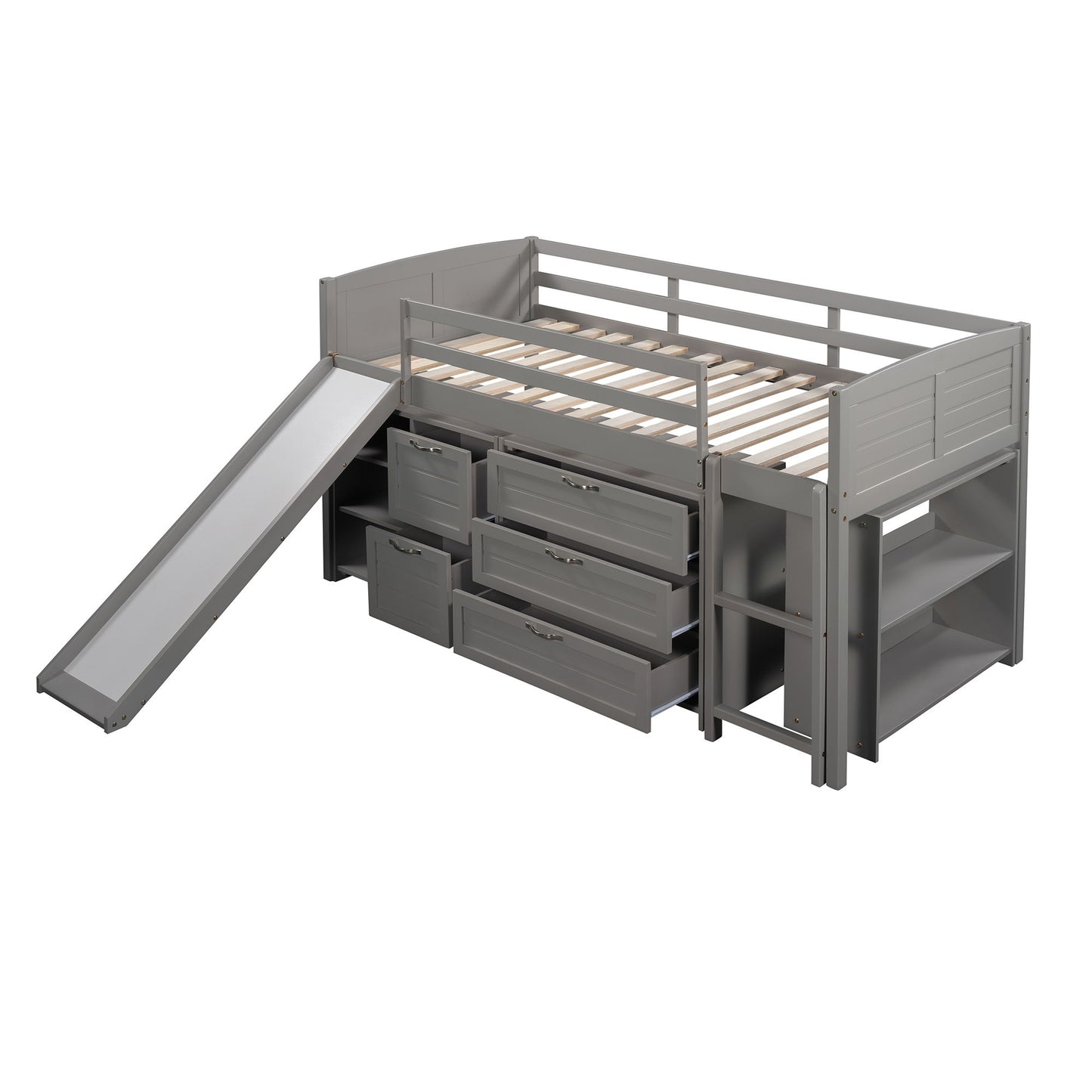 Loft Low Bed With Cabinets, Shelves And Slide