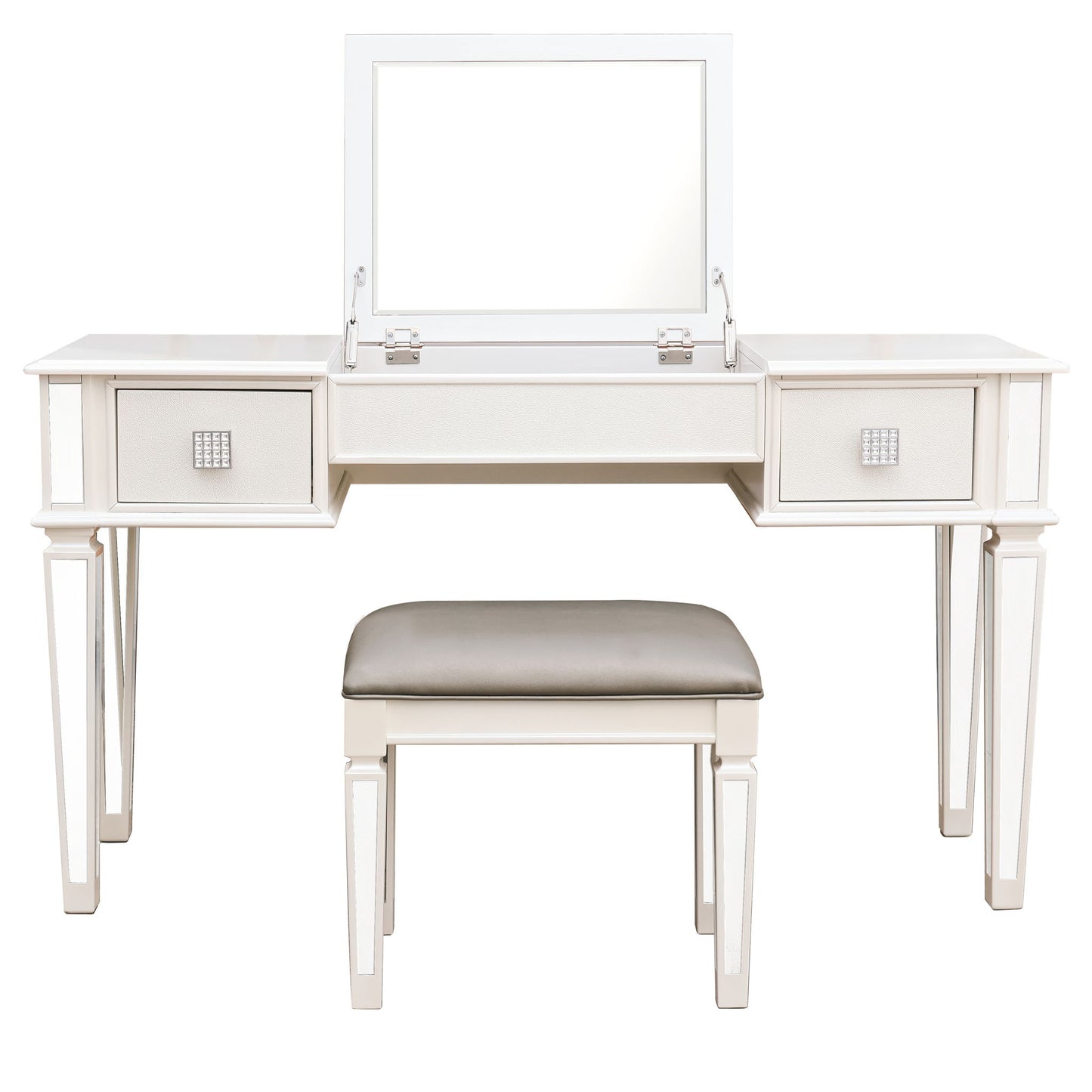 Mirrored Vanity Desk With Drawers And Stool, Flip Up Dressing Table Set For Makeup Room