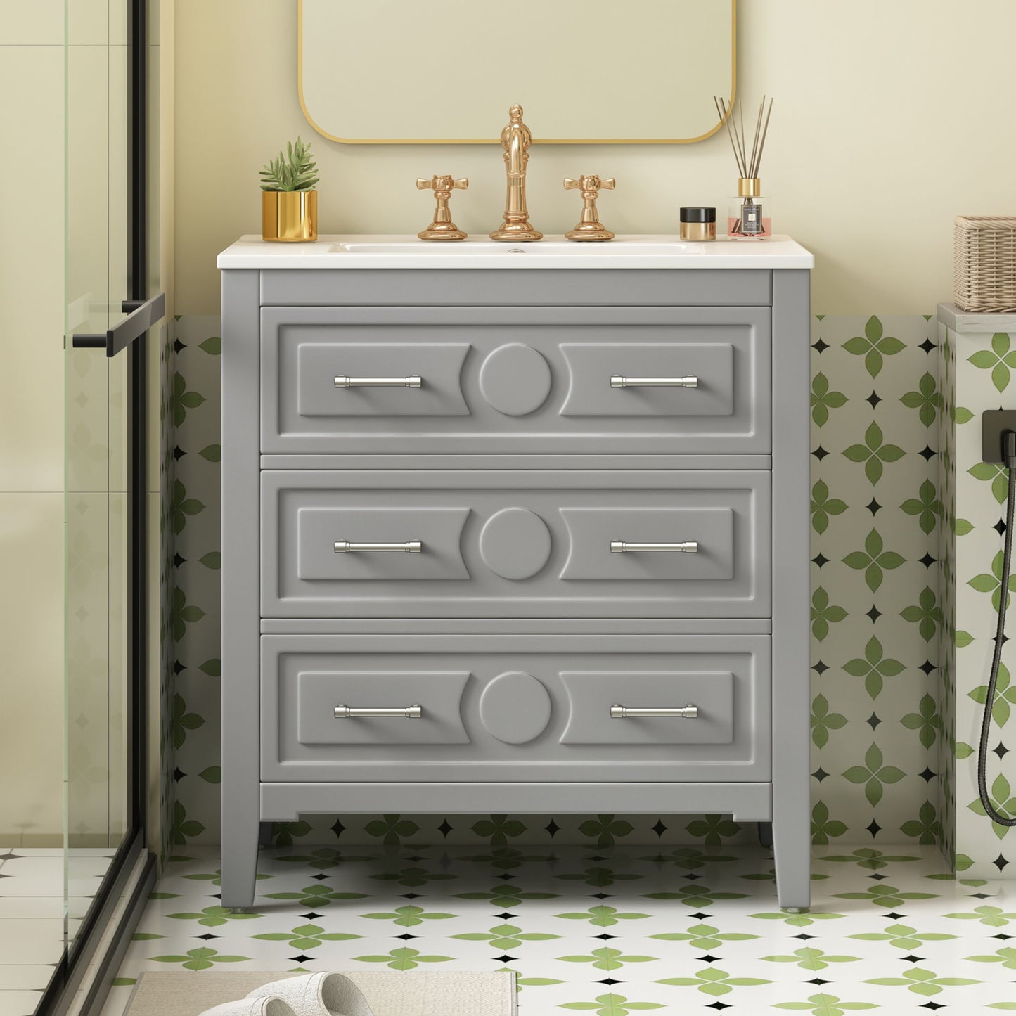 Bathroom Vanity With Sink, Free Standing Single Set With 3 Drawers, Storage Cabinet - Gray