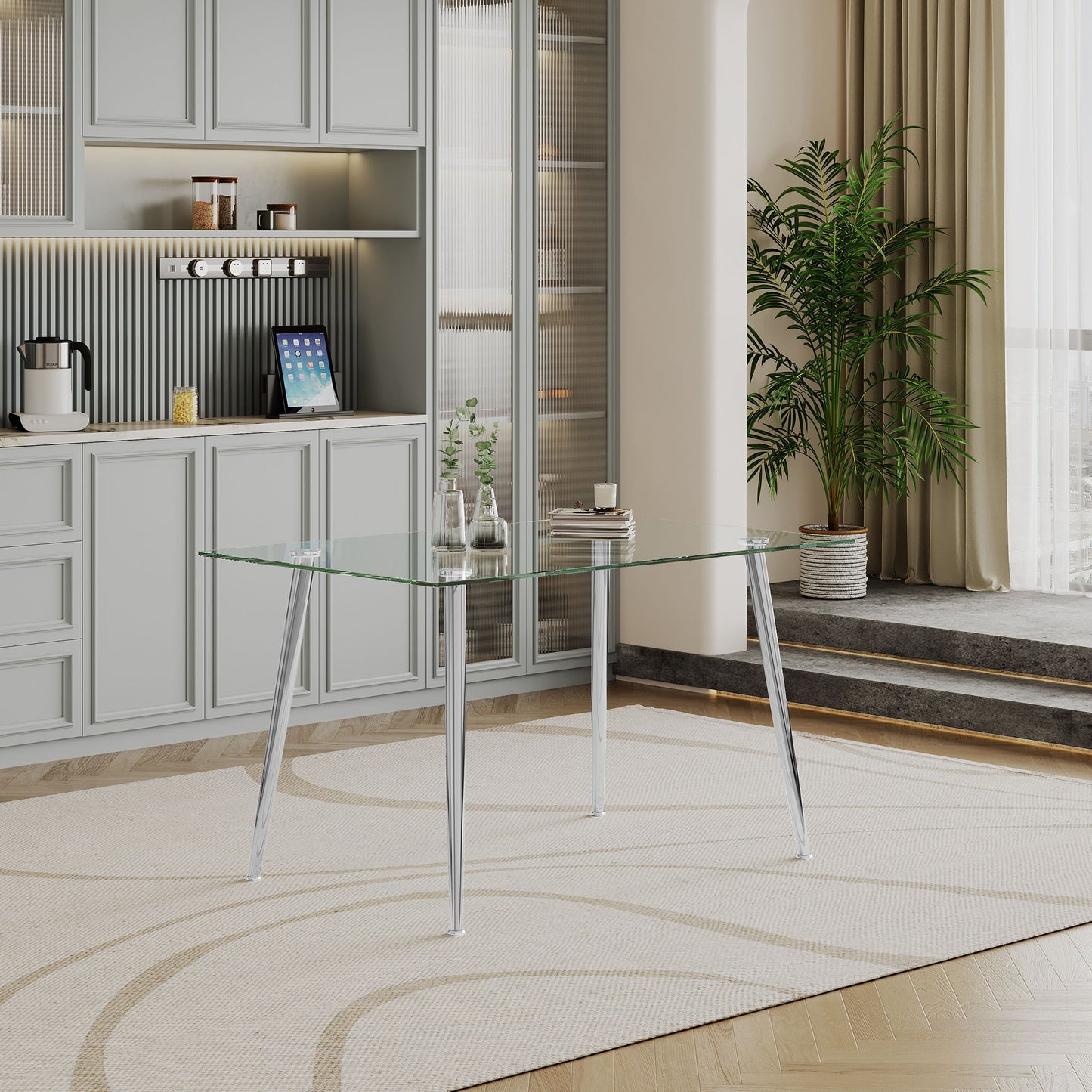 Thick Tempered Glass Top Dining Table & Stainless Steel Legs - Silver