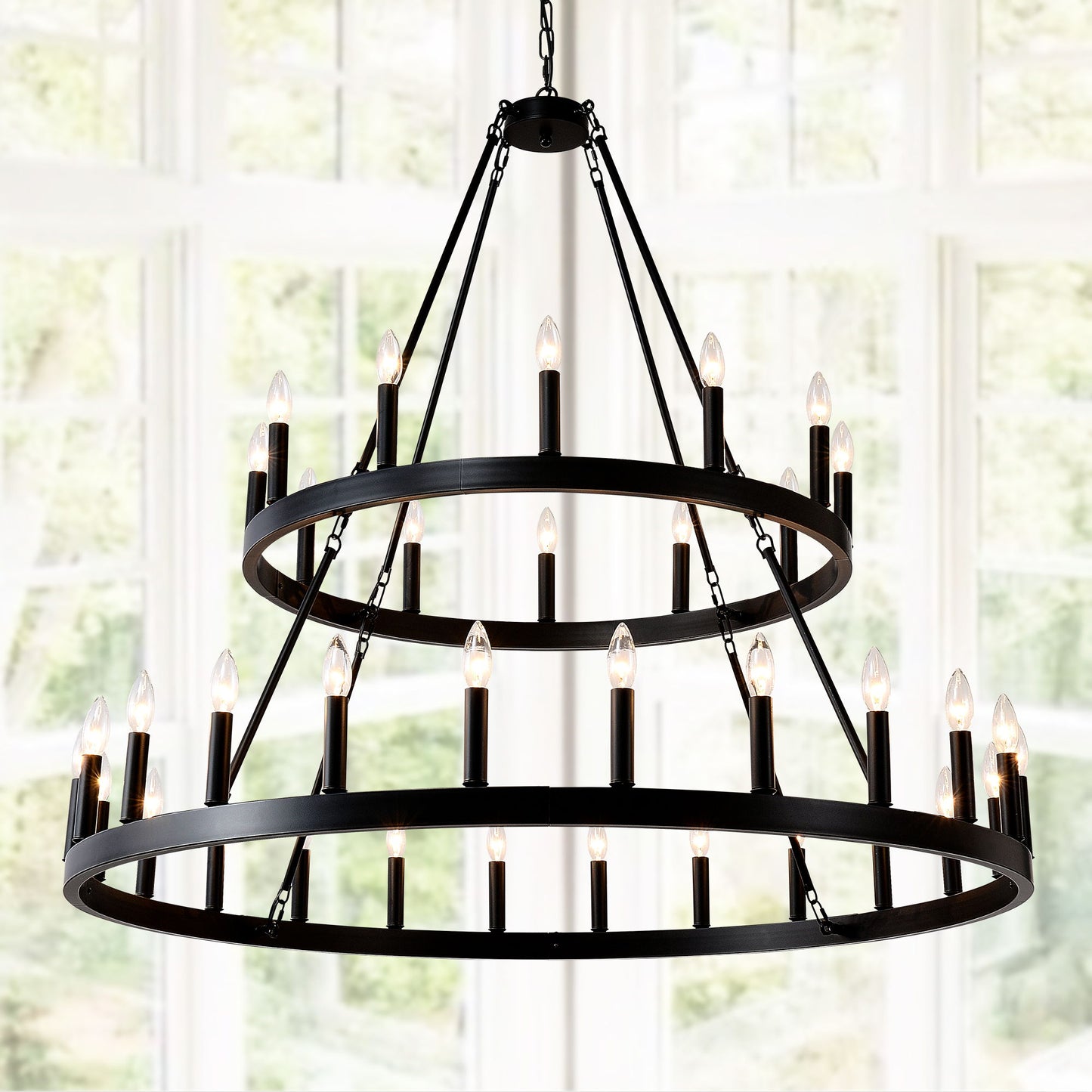 2 Tiers Wagon Wheel Chandelier Wooden Farmhouse 36 Light (24 / 12) Or (12 / 24) Metal Chandeliers 2 Story Light Fixtures Industrial For High Ceiling Living Dining Room Foyer, Adjustable Height - Black
