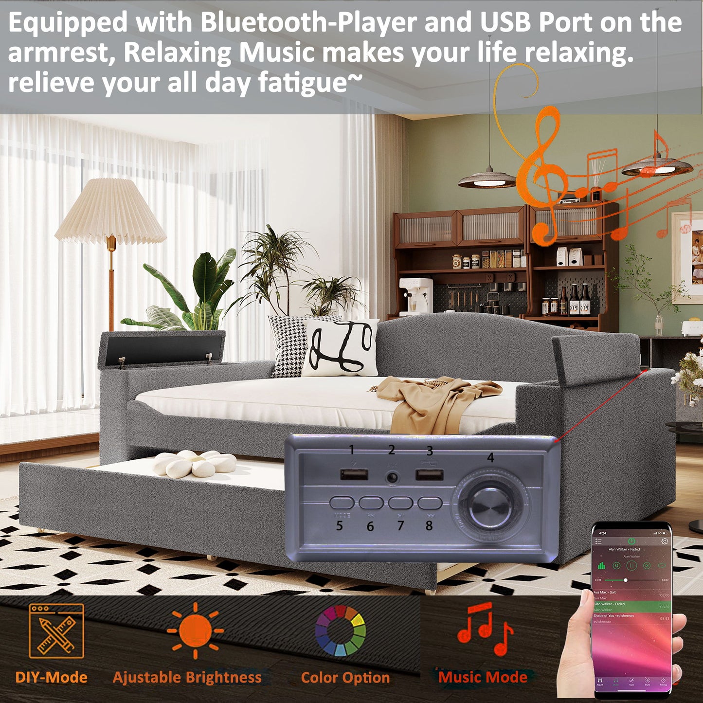 Upholstered Daybed With Storage Armrests, Trundle And Latest Integrated Bluetooth Audio System