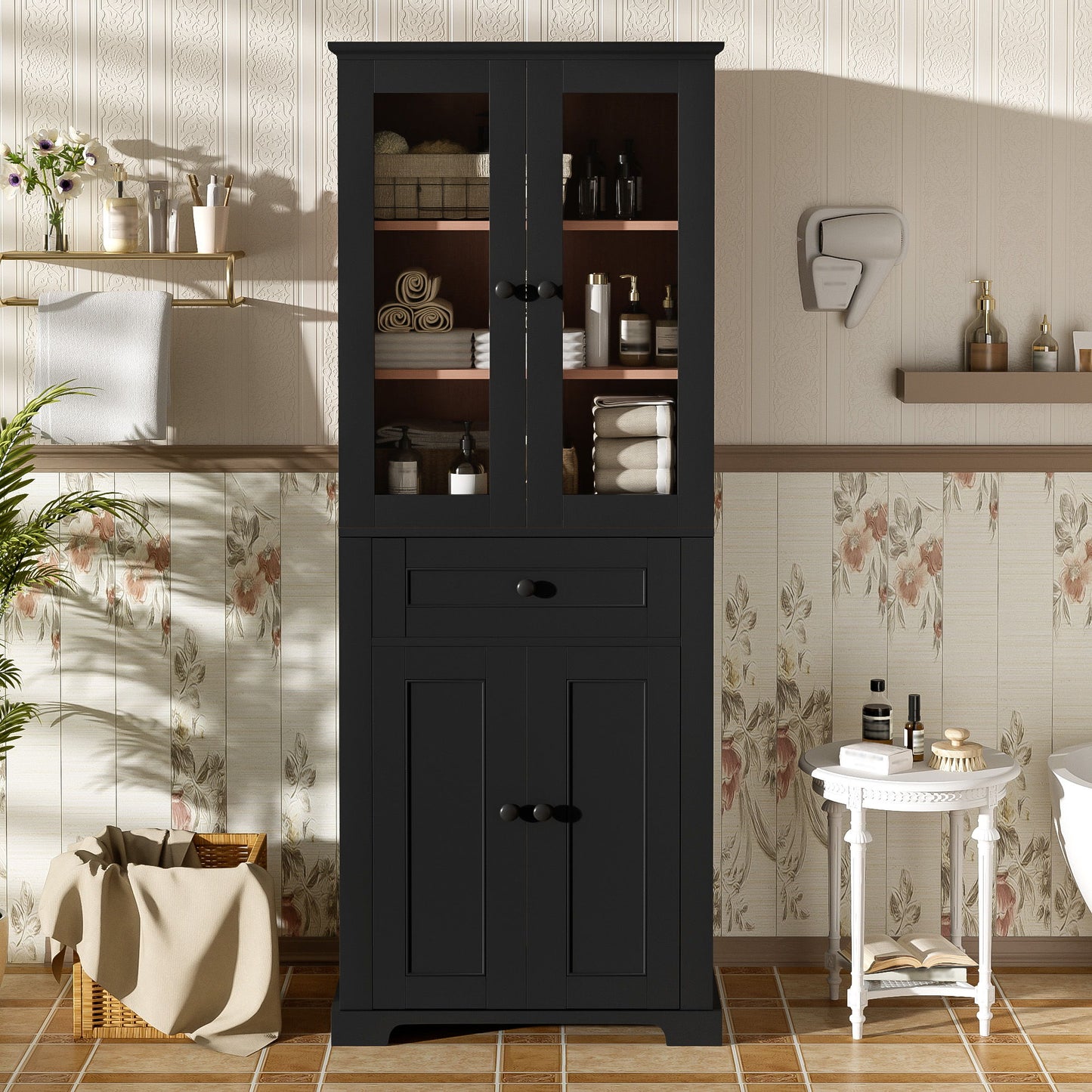 Bathroom Storage Cabinet, Adjustable Shelves & Drawer, Freestanding Linen Tower