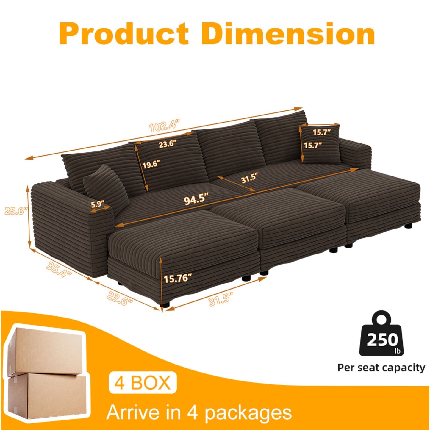 Deep Seat Convertible Sofa With Soft Pillows And Ottomans