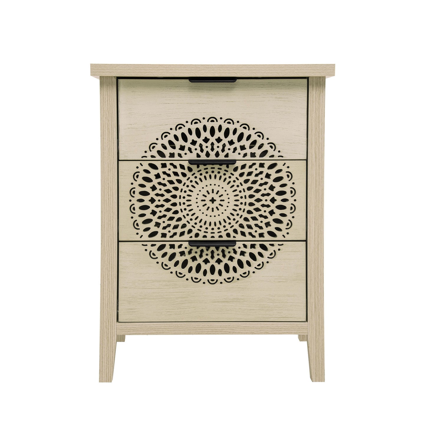 Hollow Carved 3 Drawer Cabinet Dresser Storage Chest With Metal Handles For Living Room Bedroom - Natural