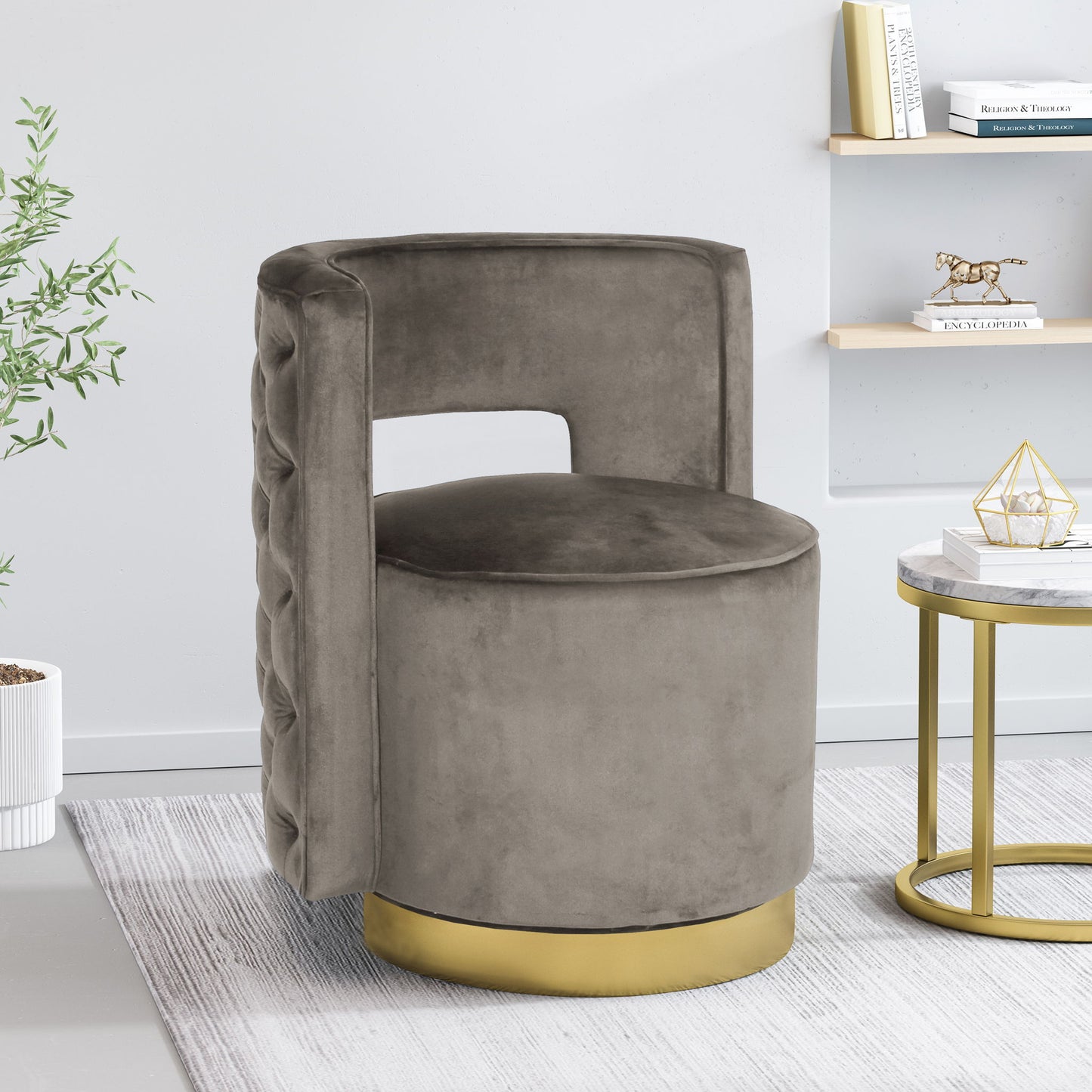 Modern Glam Swivel Arm Chair With Velvet Upholstery And Copper Base - Gray