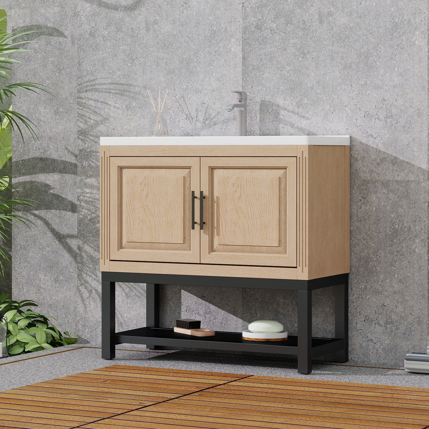 Modern Freestanding Bathroom Vanity With Ceramic Sink, Hot And Cold Faucet, Storage Cabinet & Open Shelf
