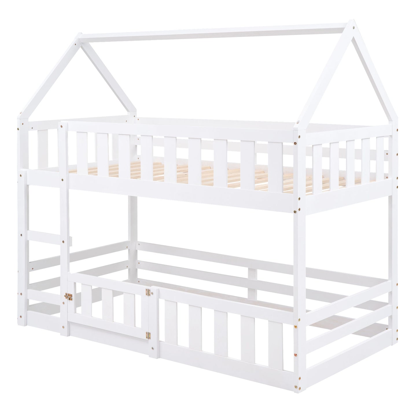 Twin Over Twin House Bunk Bed With Fence And Door