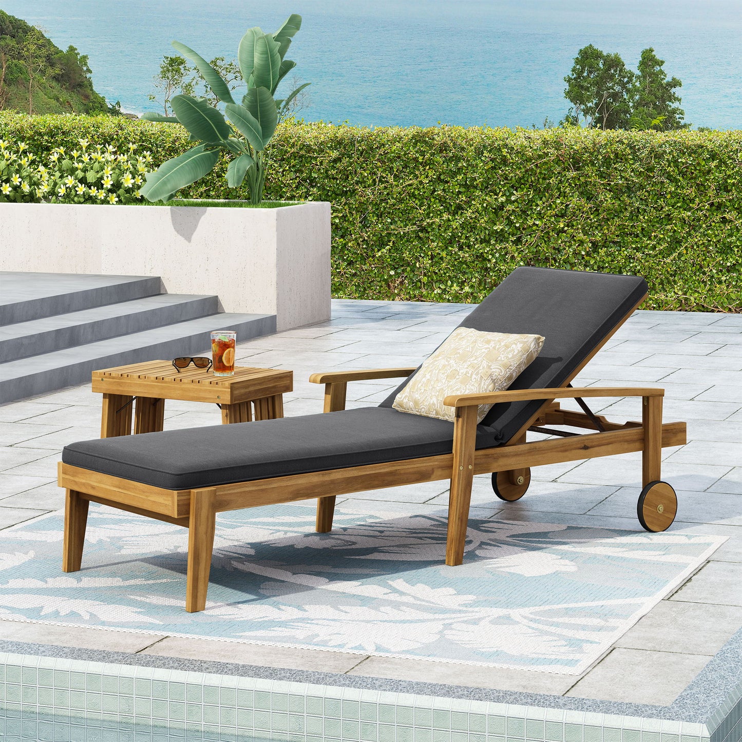 Jason - Black Chaise Lounge Adjustable Acacia Wood Outdoor Furniture