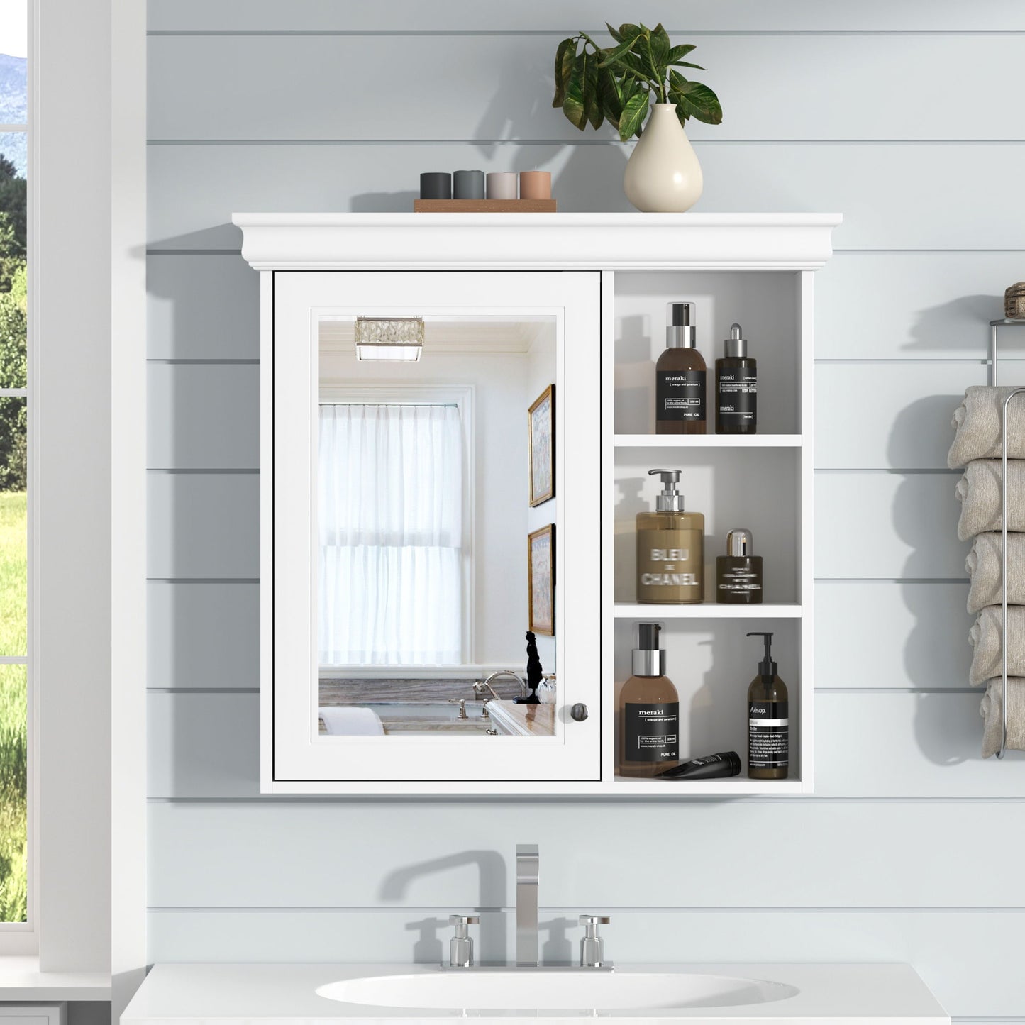 Bathroom Medicine Cabinet With Mirror, Wall Mounted Mirror Cabinet & Storage Organizer, Over The Toilet Storage White Storage Cabinet For Bathroom - White