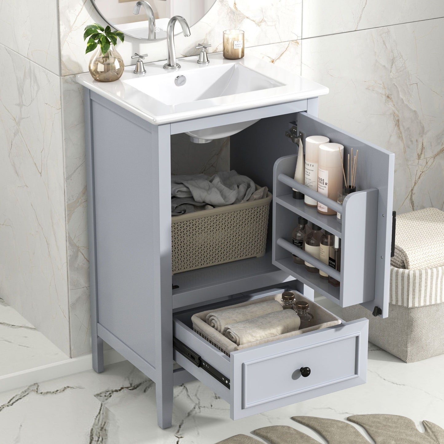 20" Bathroom Vanity With Sink, Bathroom Cabinet With A Door, Door Shelf Storage And Adiustable Foot Pads, A Drawer - Gray