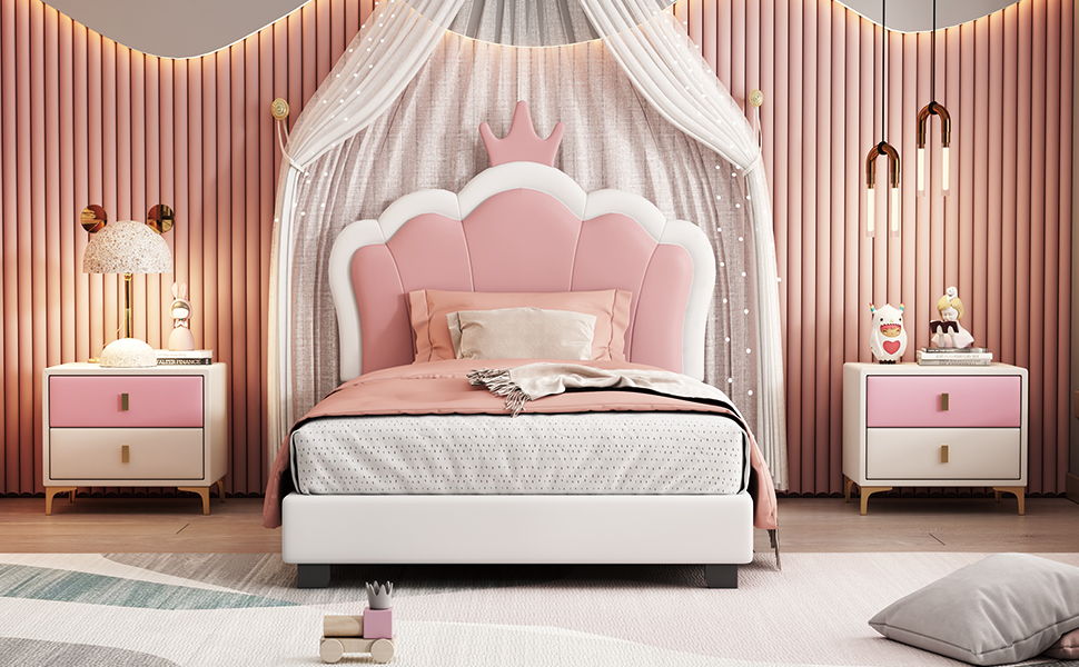 Twin Size Upholstered Princess Bed & Crown Headboard, Platform Bed With Headboard And Footboard - White / Pink