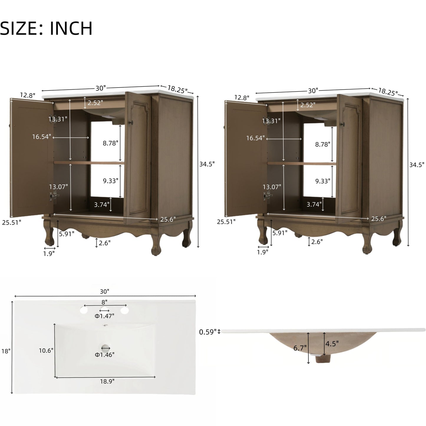 Vintage Double Sink Bathroom Vanity Set With Ceramic Sinks