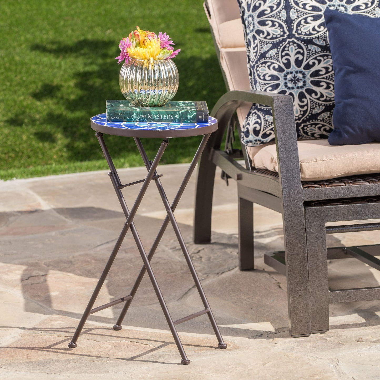 Outdoor Folding Accent Table With Glass Top And Iron Frame - White / Blue