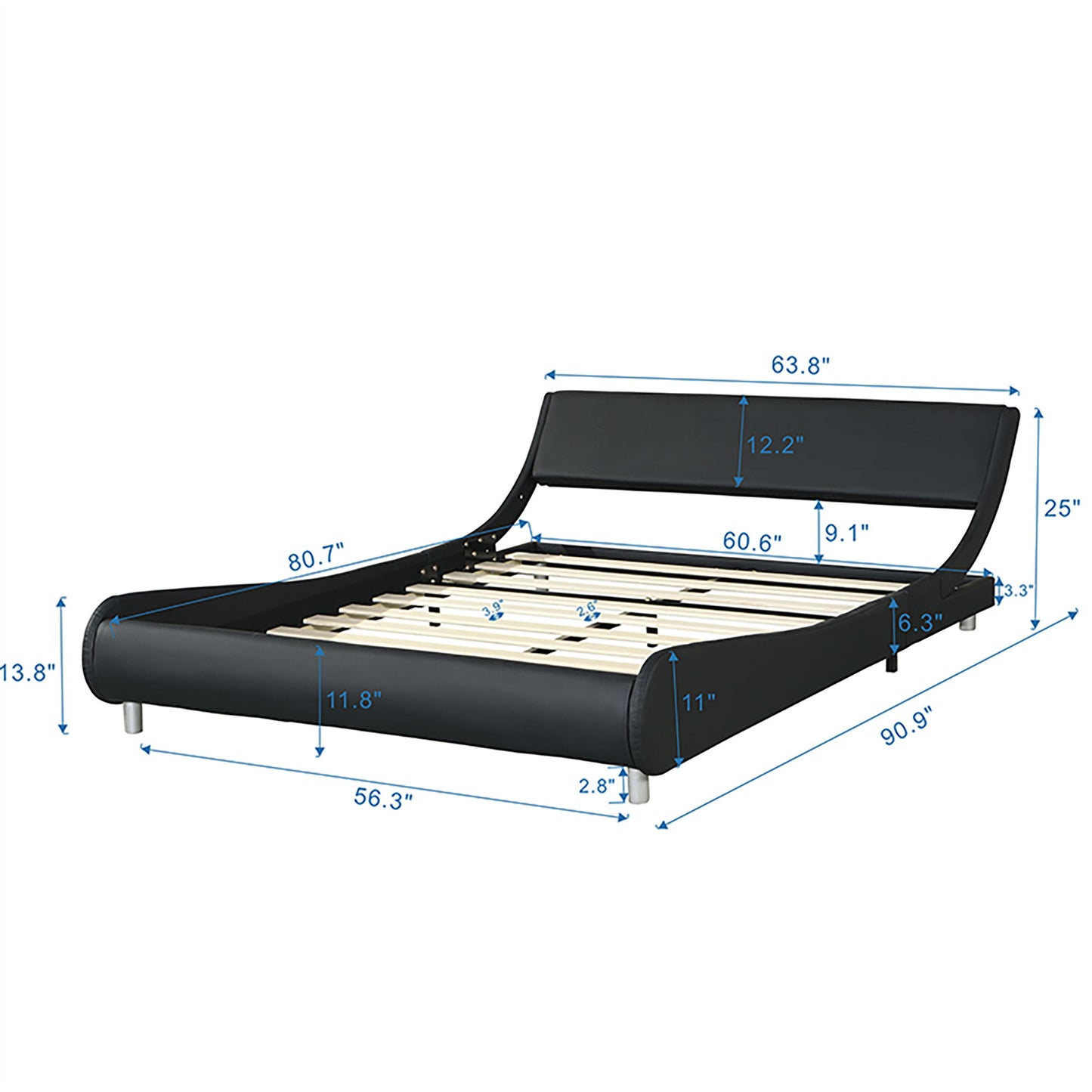 Queen Size Upholstered Platform Bed Frame With LED Lighting, Curve Design, Slat Support, No Box Spring Needed - Black