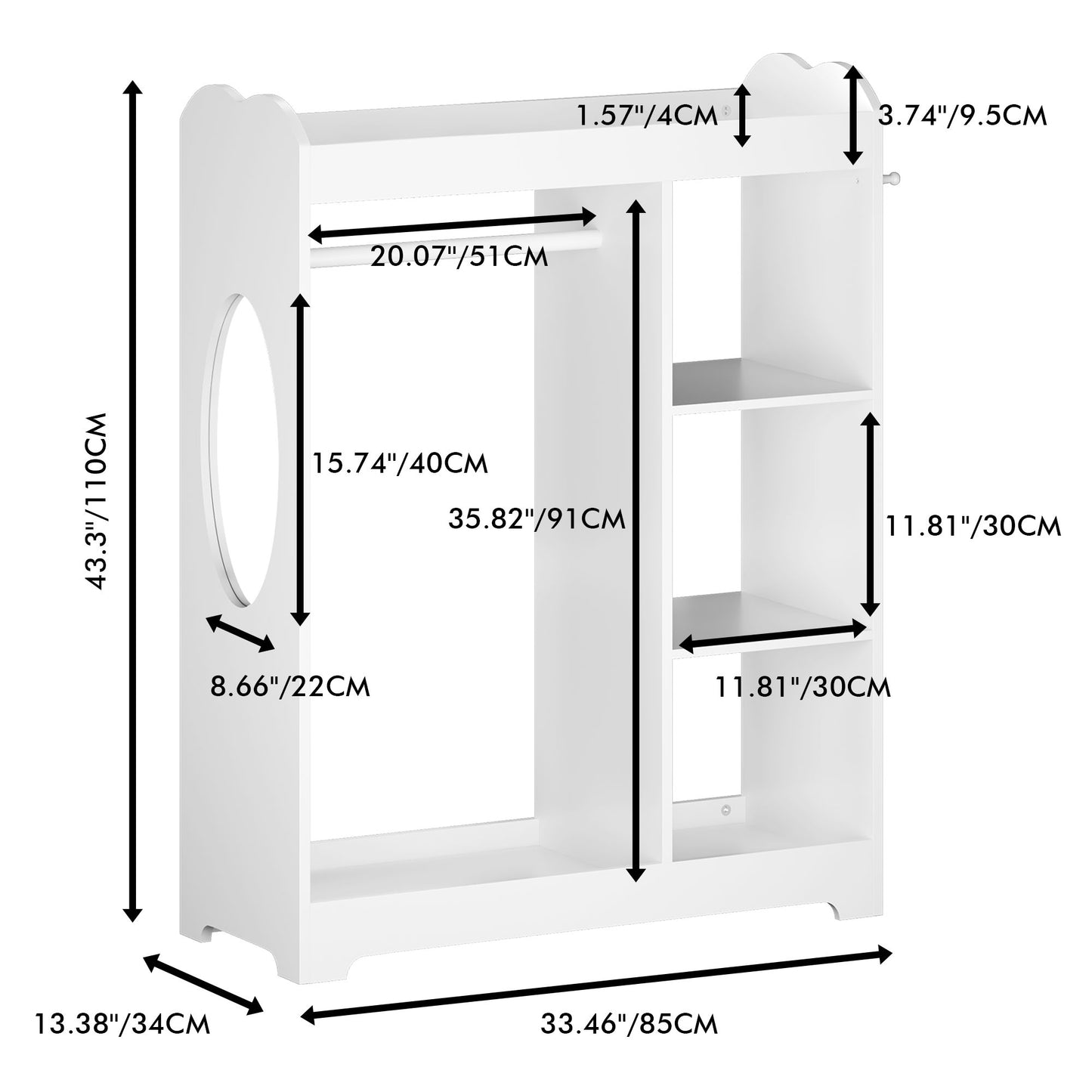Dress Up Storage With Mirror And Hooks, Clothes Rack With Hanging Rod, 3 Side Hooks, Open Shelves, Top Shelf Organizer - White