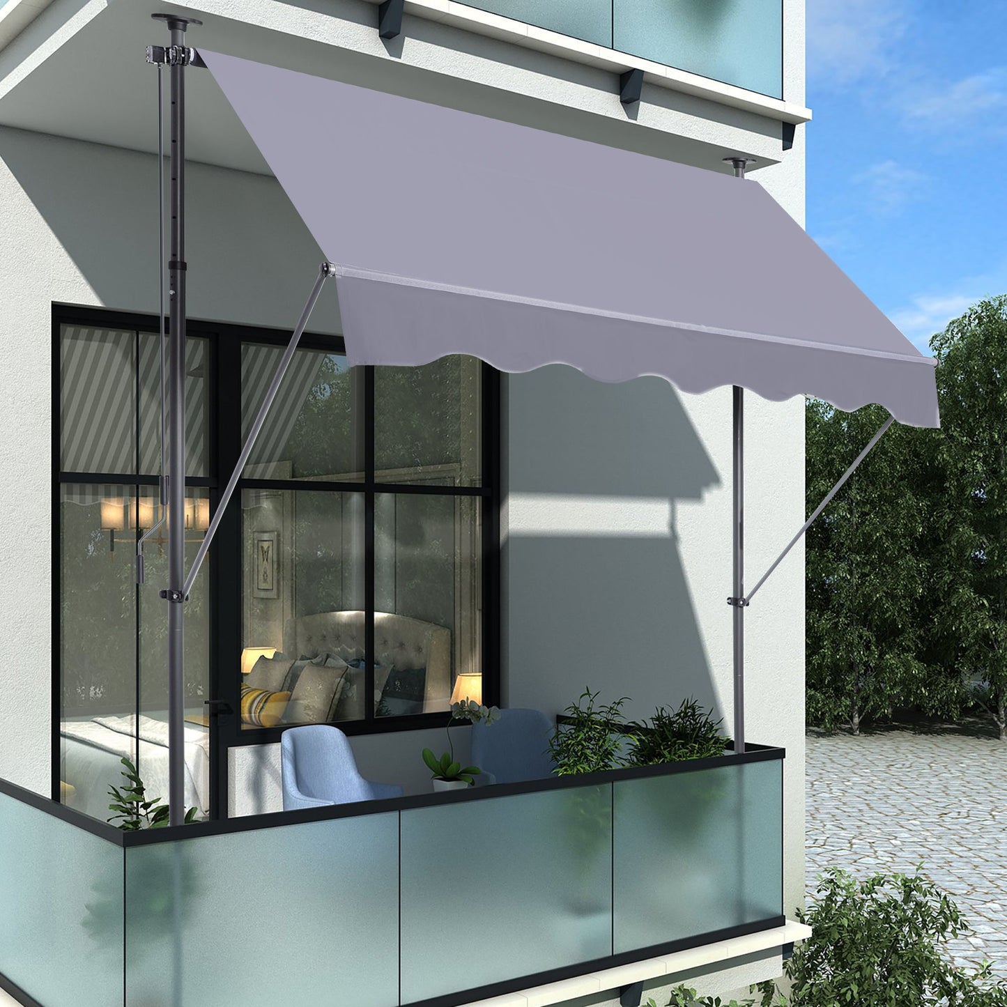 Manual Retractable Patio Awning, UV Resistant Polyester Sun Shade With No Drill Installation