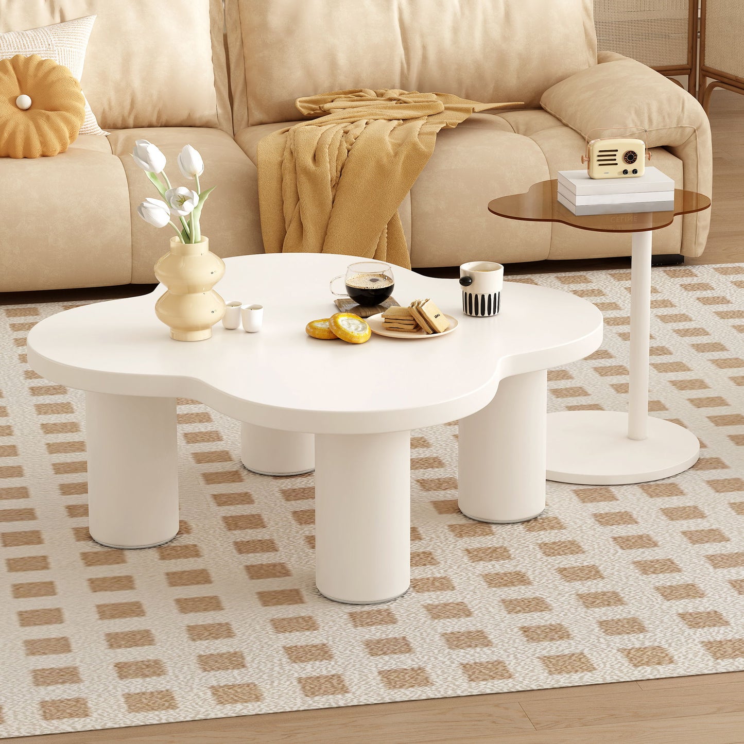 Modern Coffee Table (Set of 2), Irregular Shape Coffee Table With Four Roman Column Legs And End Table With Glass Top For Living Room - White