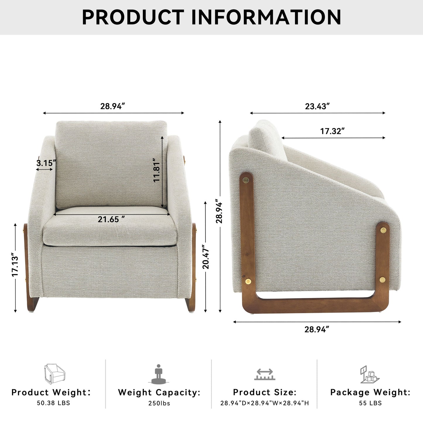 Modern Chenille Upholstered Armchair With Wooden Side Frame