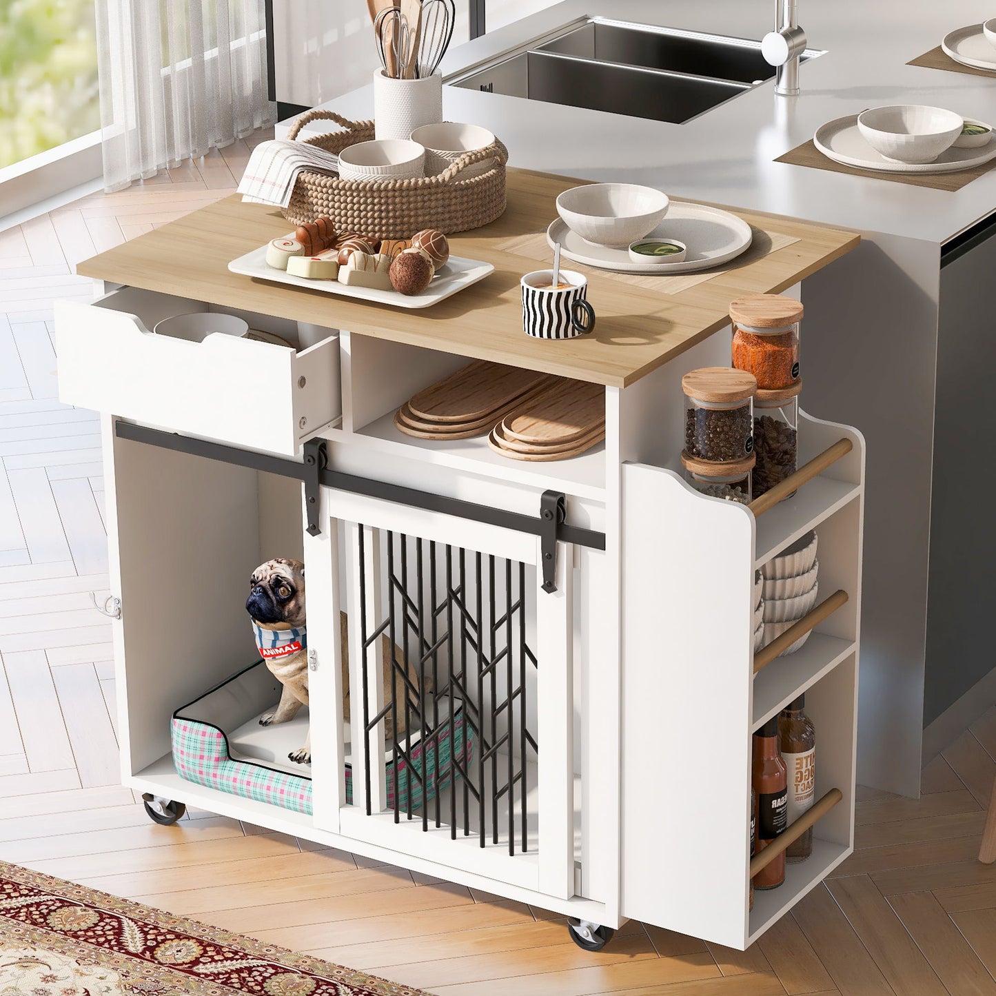 Modern Style 2 In 1 Pet Friendly Dog Crate Kitchen Island End Table Metal Pine - Natural / White