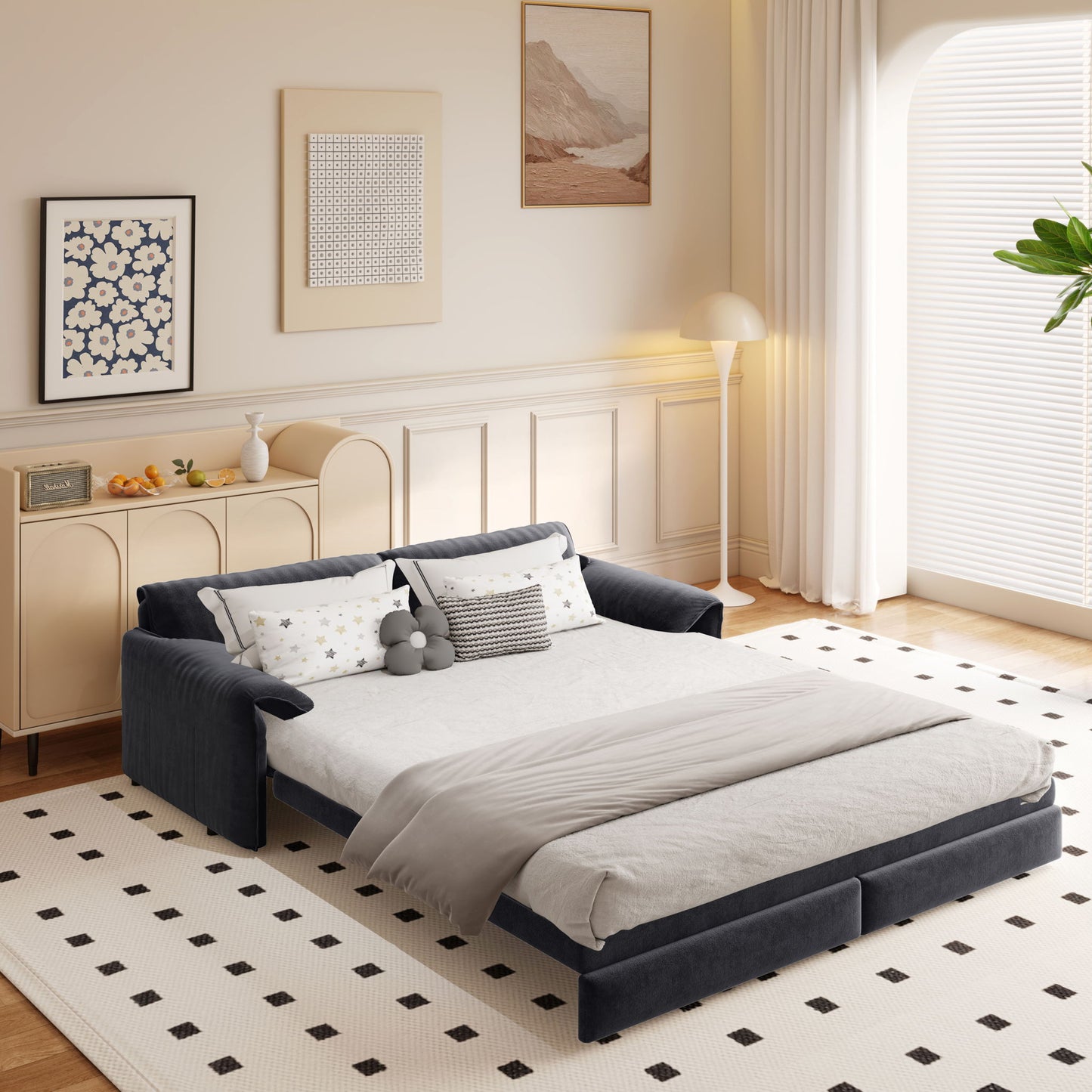 Pull Out 3 In 1 Convertible Sleeper Sofa With Side Storage, Multi Functional