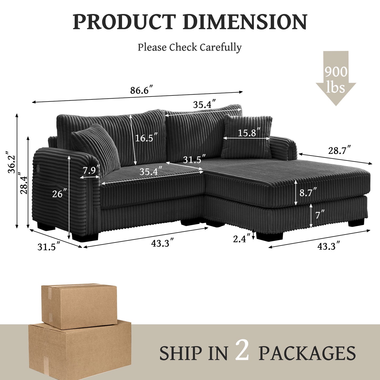 2 Seater L Shaped Chaise Sofa With Reversible Cushion, USB - C Charging Port, Storage Pocket, Convertible Left / Right Design