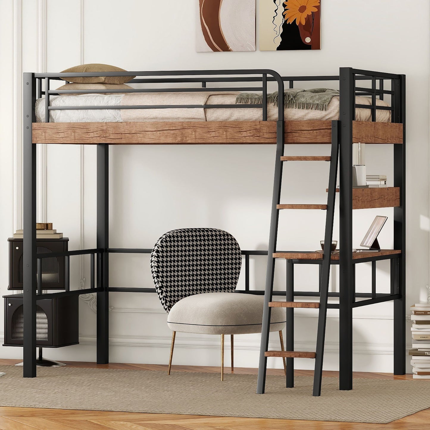 Loft Bed With Built In Desk, Storage Shelf And Ladder