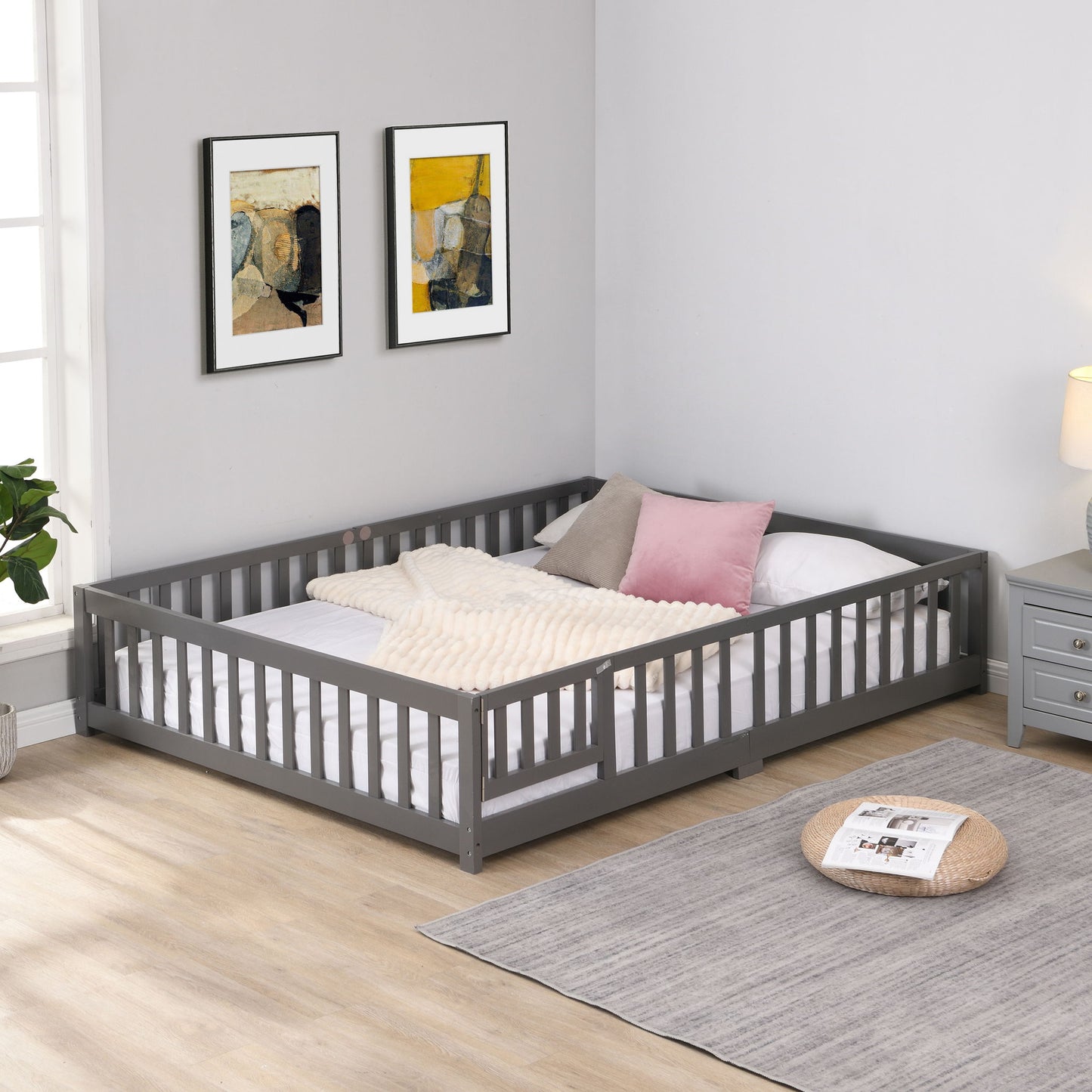 Solid Wood Floor Bed With Door And Fence For Children