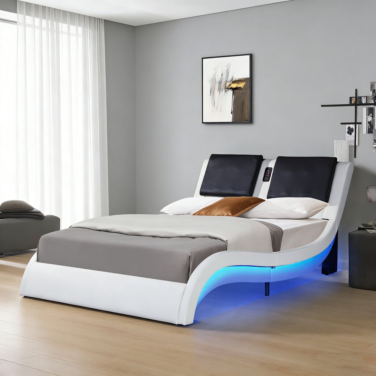Platform Bed Frame With LED Lighting, Bluetooth Music, Vibration Massage