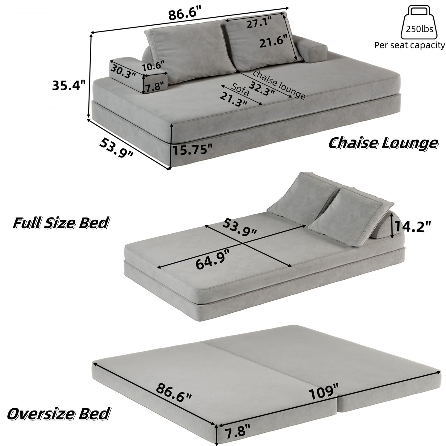 Multifunctional Convertible Sofa Bed With 2 Tumbler Backrests And 2 Pillows, Deep Seat Couch