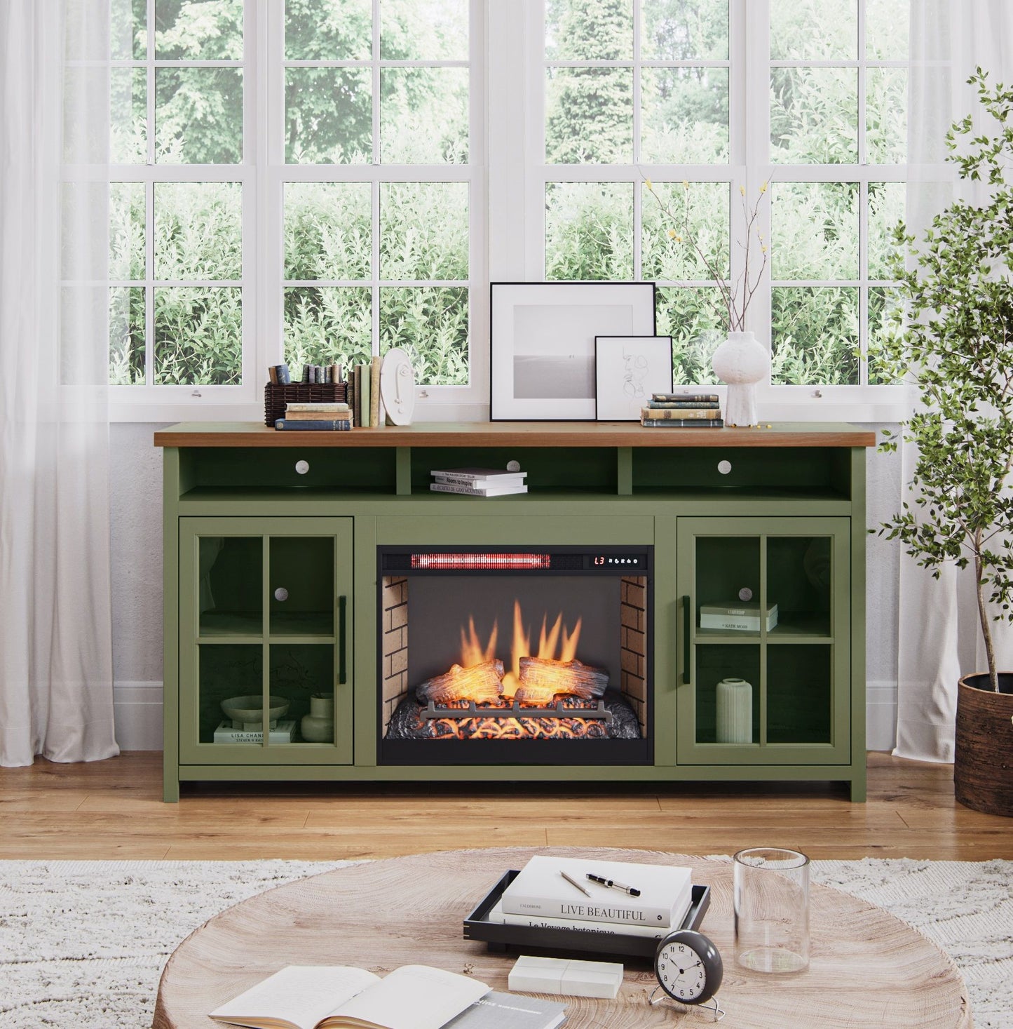 74" Fireplace TV Stand Console For TVs Up To 85" - Sage Green And Fruitwood