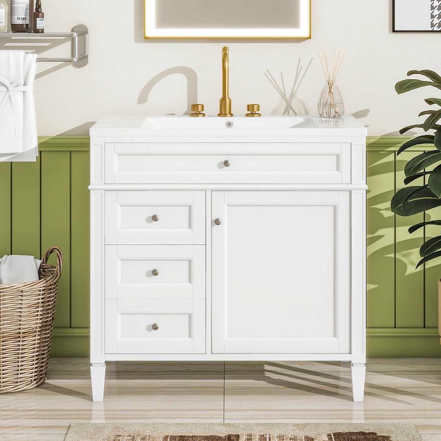 Bathroom Vanity With Top Sink, 2 Drawers And Tip Out Drawer, Rectangular Design