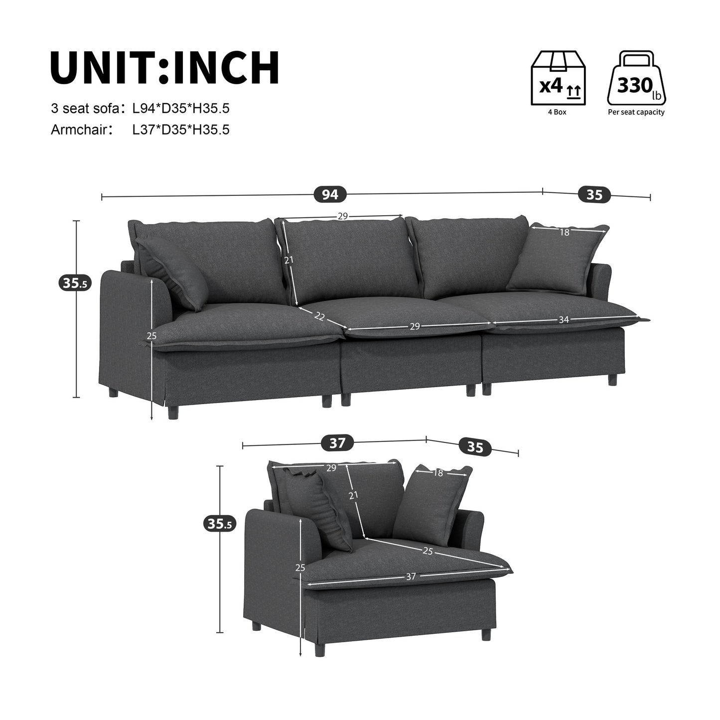 Living Room Set Modular Sectional Couch, Upholstered Sofa & Armchair & Movable Ottoman