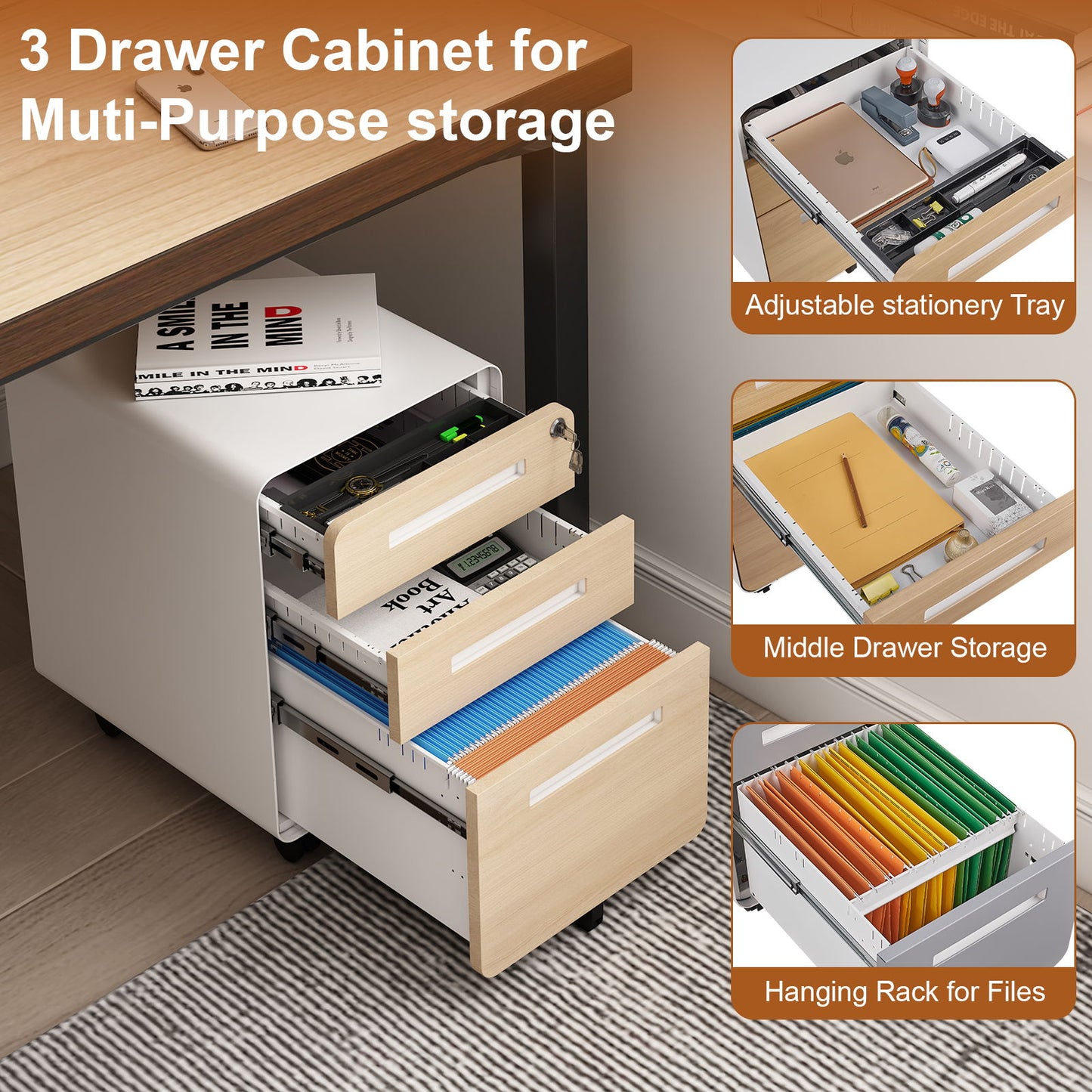 3 Drawer Mobile File Cabinet Under Desk Office, Simple Style Versatile Storage Cabinet For Legal / Letter / A4 Files, 5 Wheel Design Anti-Tilting Cold Rolled Steel Waterproof Moisture-Proof