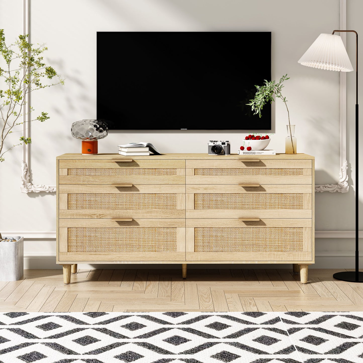 Rattan Dresser With 6 Drawers, Legs & Handles, Storage Cabinet - Natural