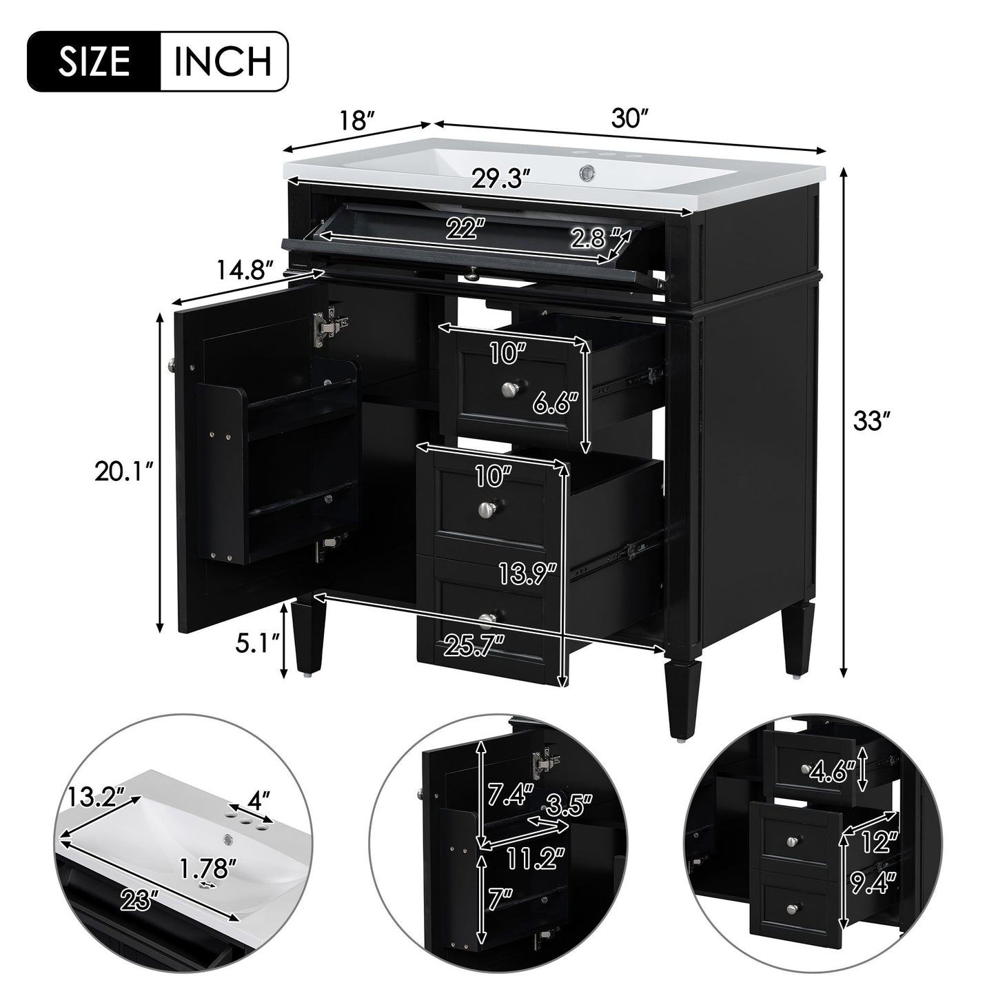 Bathroom Vanity With Top Sink, Storage Cabinet, 2 Drawers, Tip Out Drawer