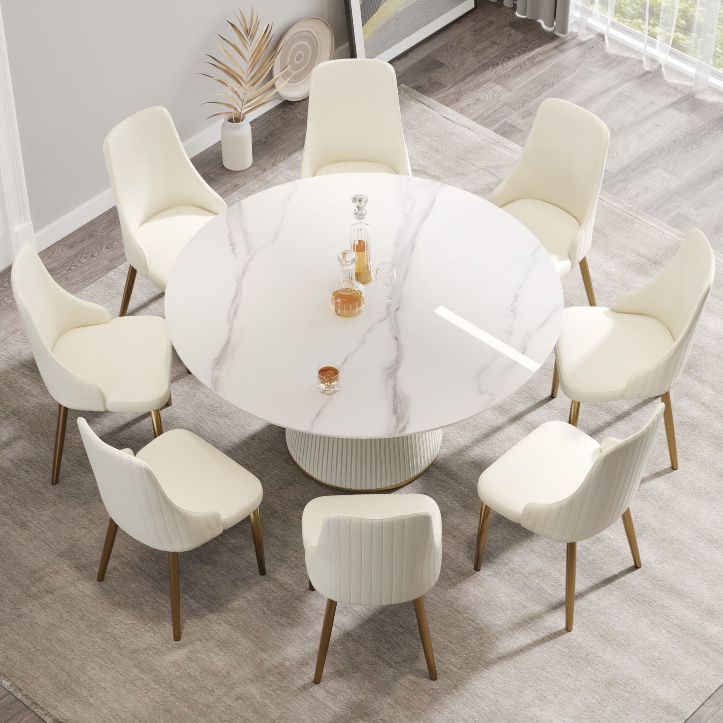 Modern Artificial Stone Round Plywood Base Dining Table, Can Accommodate 8 People, (Not Including Chairs) - White / Beige
