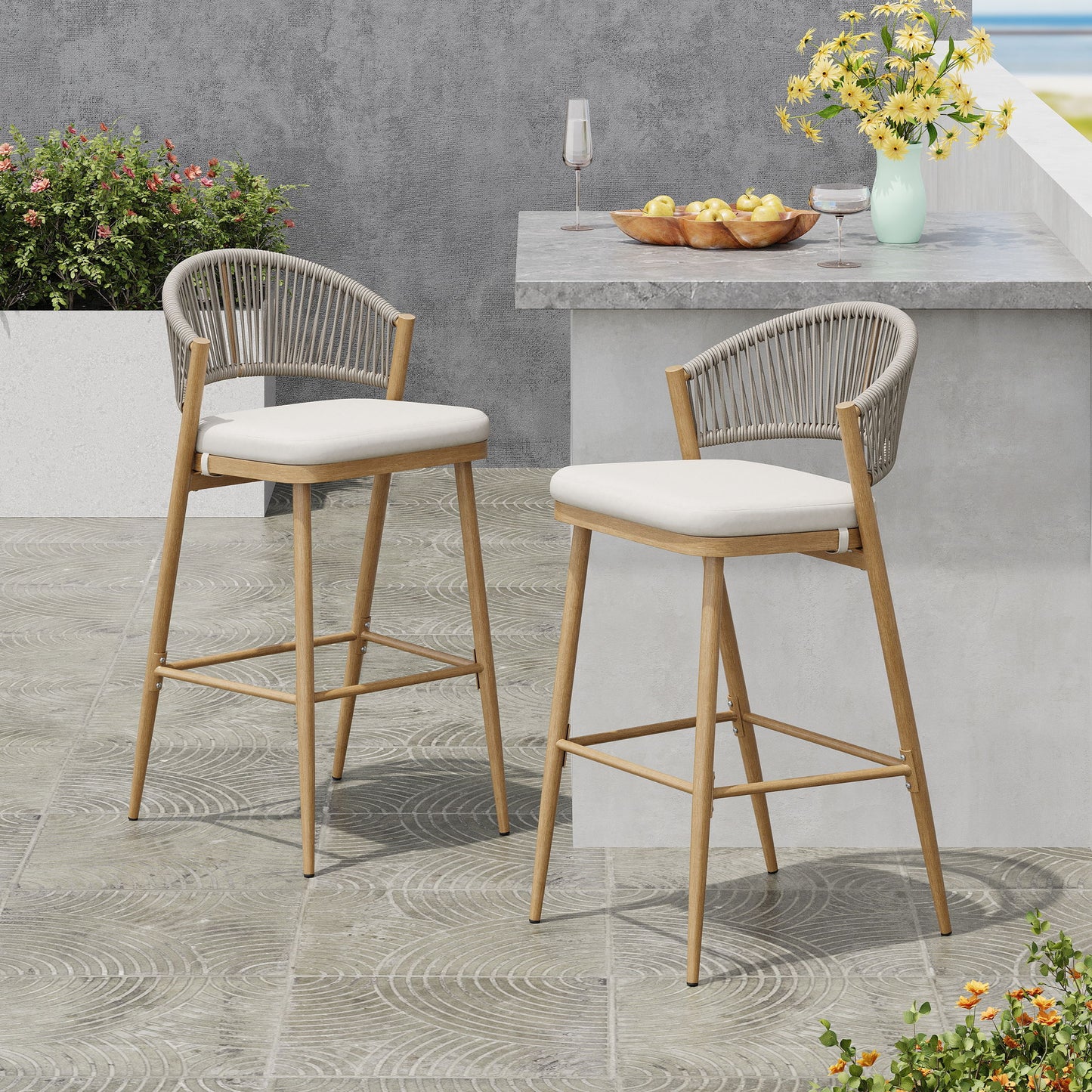 Outdoor Bar Height Metal Frame Counter Stools With Scallop Shaped Backrest & Water Resistant Cushions