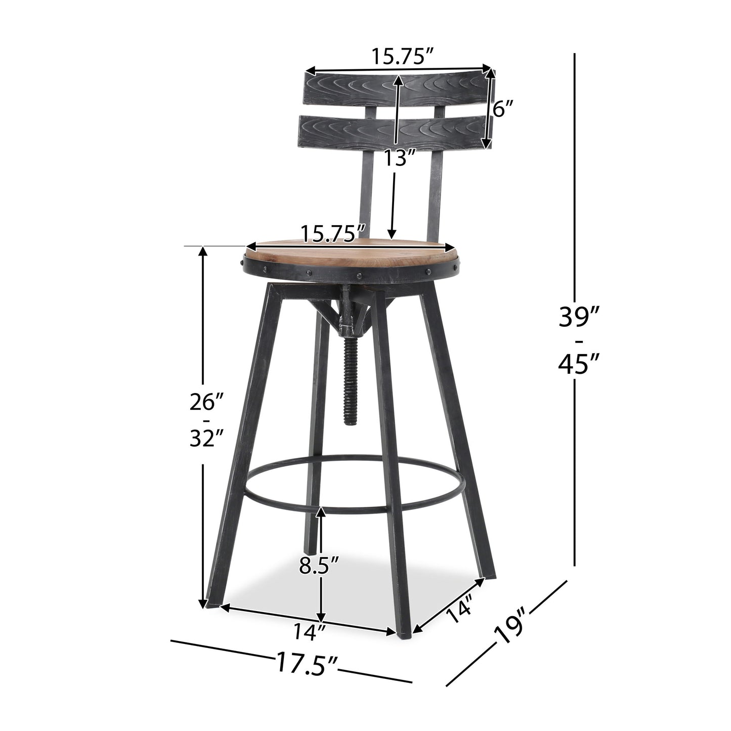 Rustic Metal Barstool With Wooden Seat - Black Brush Silver