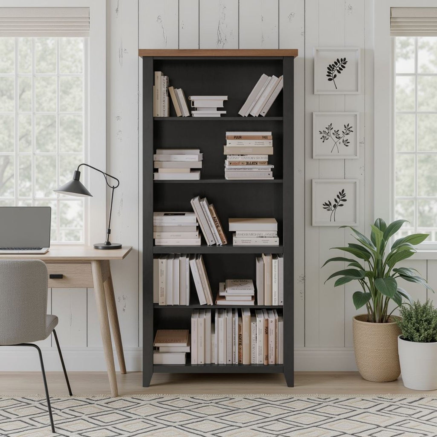 Essex - High 5 Shelf Bookcase - Black, Whiskey