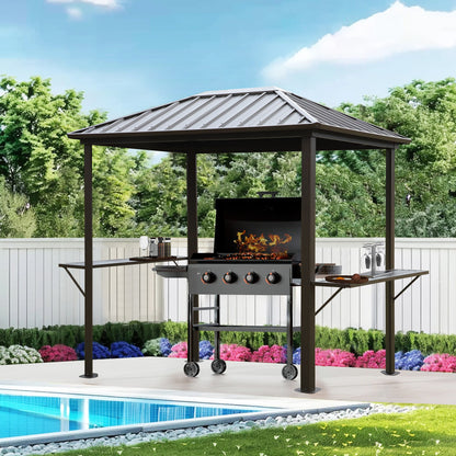 Grill Hardtop Gazebo Outdoor Metal Hard Top Gazebo, Permanent Bbq Gazebo With Galvanized Steel, Aluminum Framed Pavilion With Shelves - Dark Brown