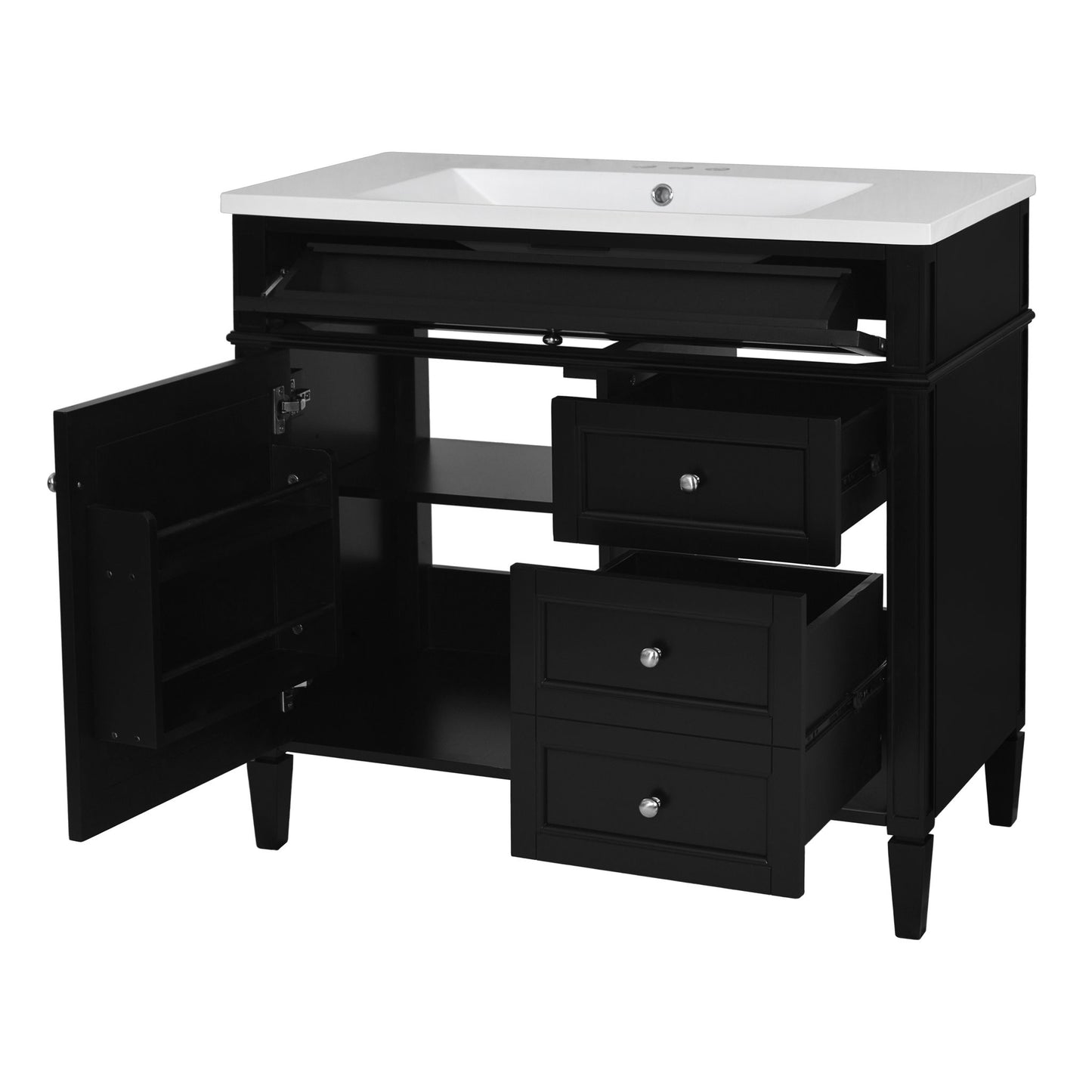 Bathroom Vanity With Top Sink, Storage Cabinet With Mirror, 2 Doors, 3 Drawers, 6 Open Shelves