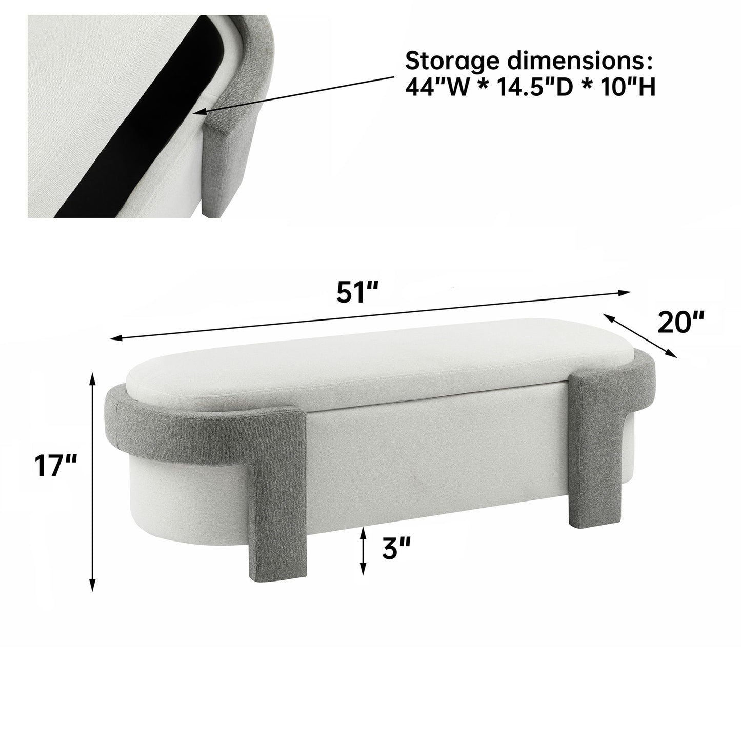 Large Versatile Storage Ottoman Bench: Spacious, Durable, Stylish - White / Light Gray