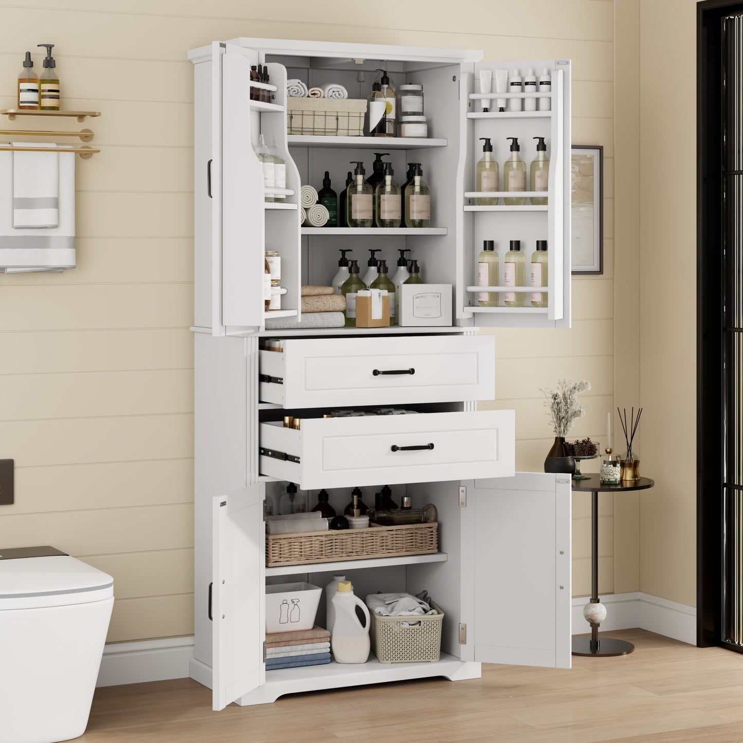 Elegant Multi Functional Storage Cabinet With Slide Rail Drawers, Adjustable Shelves
