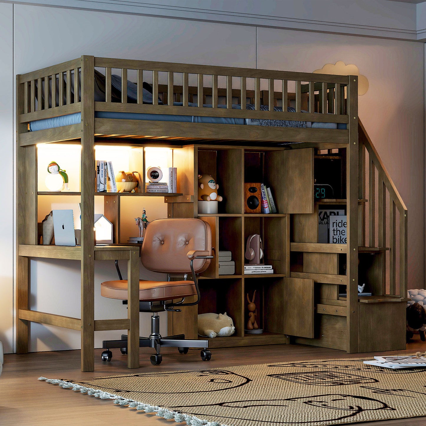 Loft Bed With Built In L Shaped Desk, LED Lights, Storage Shelves, Cabinets, And Staircase