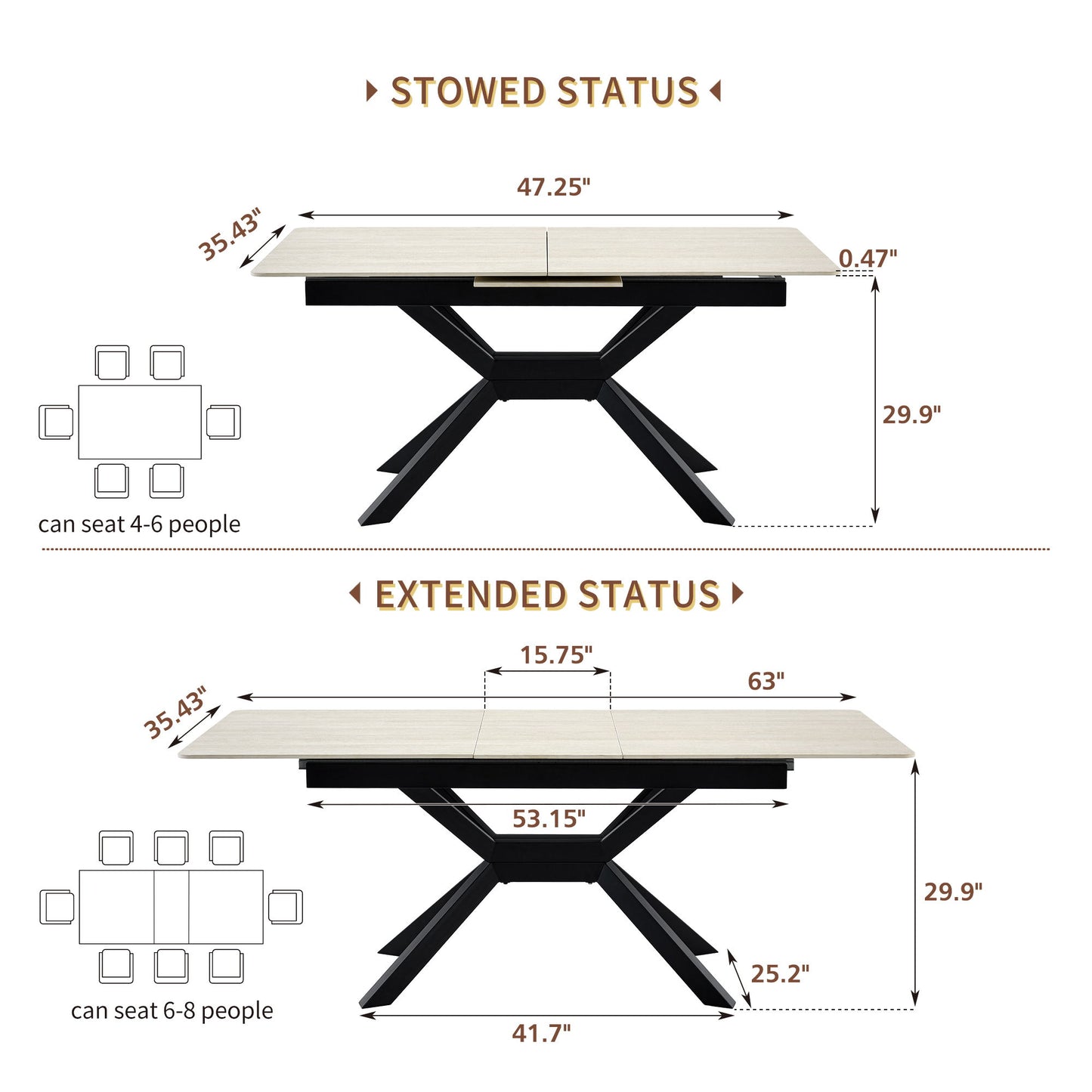 Rectangular Extendable Dining Table With Geometric X Frame, Kitchen Table For Dining Room - Beige