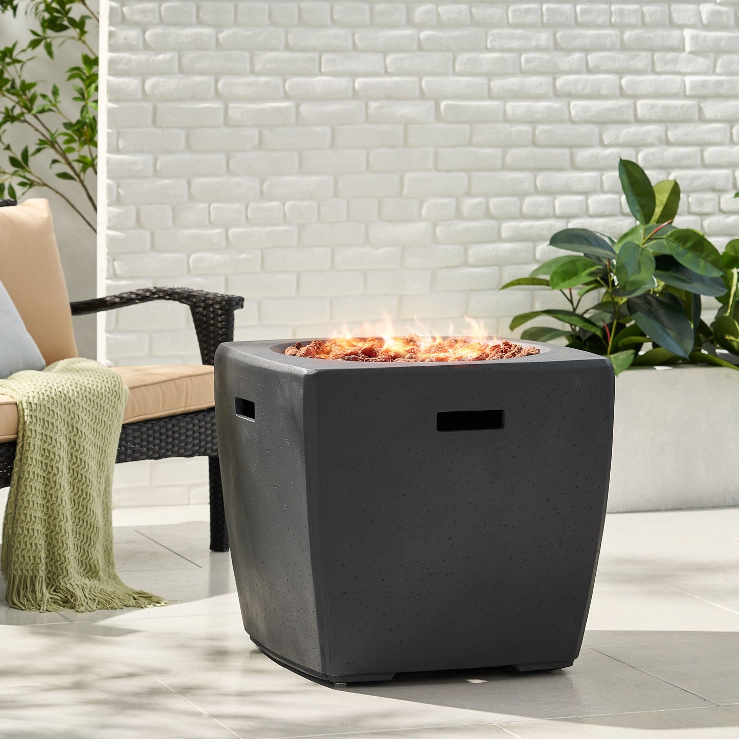 Outdoor Lightweight Concrete Square Fire Pit 40, 000 Btu With Built In Tank Storage - Dark Gray