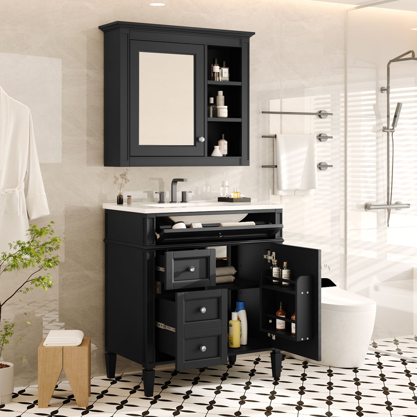 Bathroom Vanity With Medicine Cabinet, Royal Blue Mirror Cabinet, Modern Bathroom Storage Cabinet With 2 Soft Closing Doors And 4 Drawers