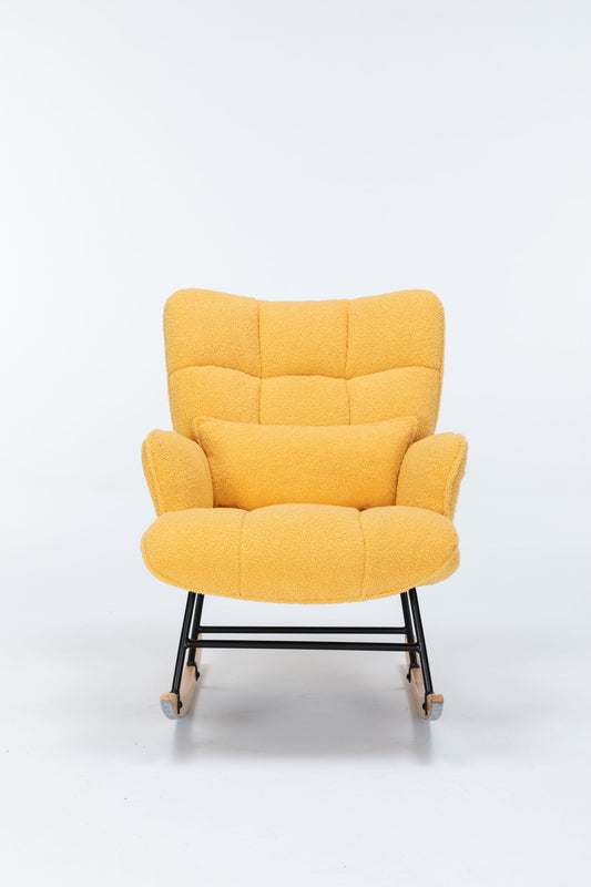 Rocking Chair Nursery, Teddy Upholstered Glider Rocker With High Backrest, Reading Chair Modern Rocking Accent Chairs Glider Recliner For Living Room - Yellow